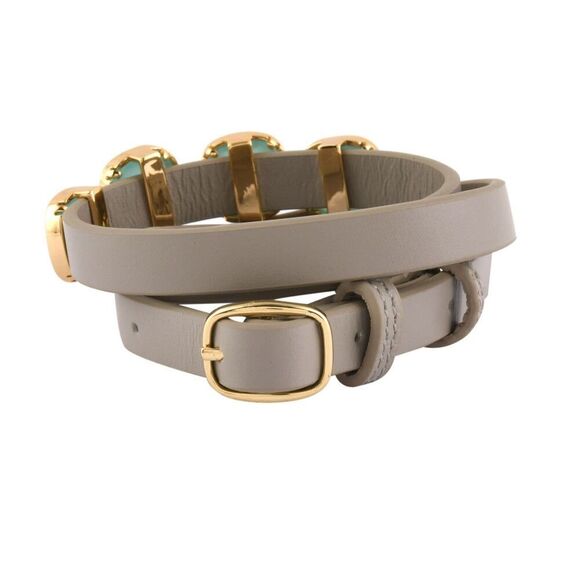 New~Trendy Taupe Leather & Peru Chalcedony Gemstone Wrap Buckle Bracelet - Picture 2 of 4